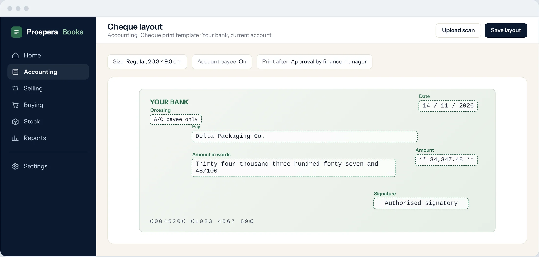 Sample: a cheque layout with the date, payee, amount in words, amount and signature positioned on a scanned cheque