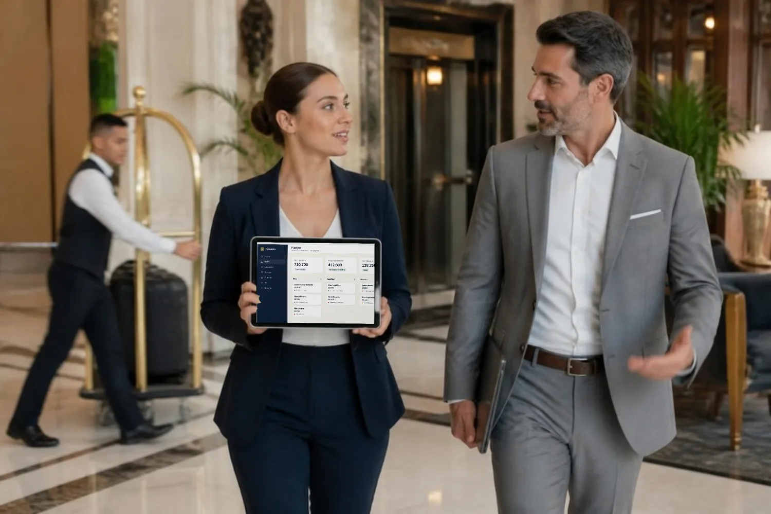 A saleswoman walks a hotel client through the lobby, the Prospera pipeline open on her tablet