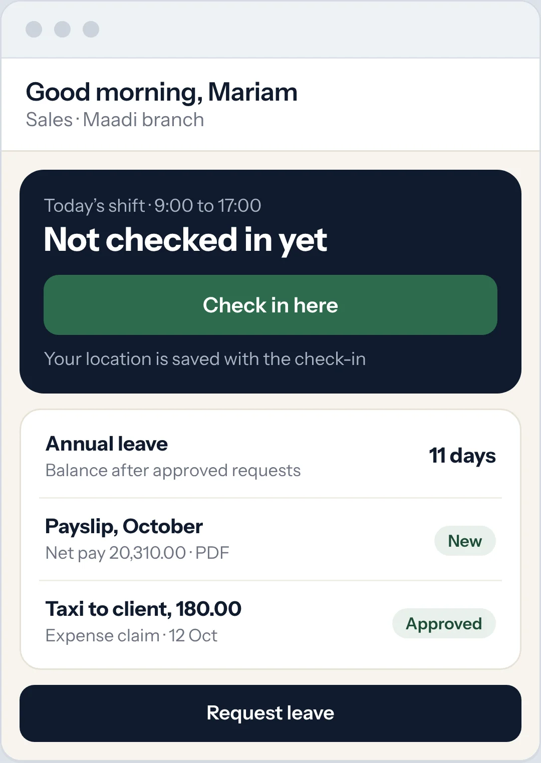 Sample: the employee app with check-in, leave balance, payslip and an approved expense claim