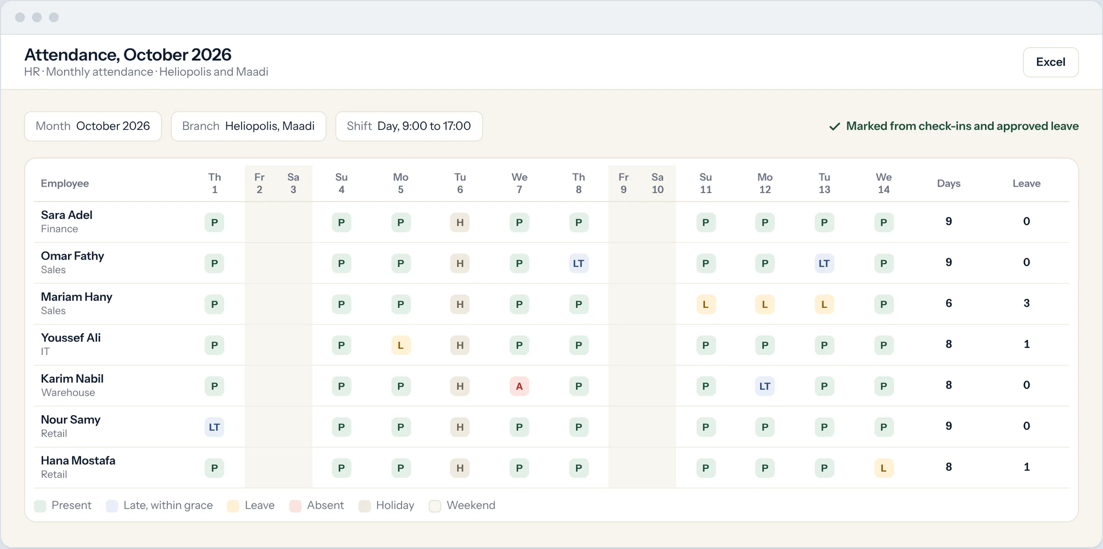 Sample: a monthly attendance sheet with present, late, leave, absent and holiday for each employee