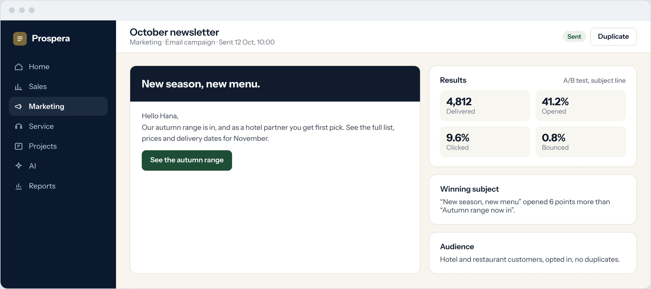 Sample: an email campaign with delivered, opened, clicked and bounced results and an A/B test winner