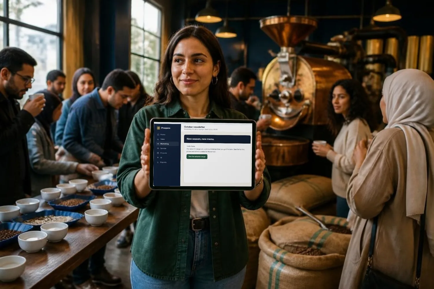 A marketing manager walks through a busy coffee tasting, campaign results open on her tablet