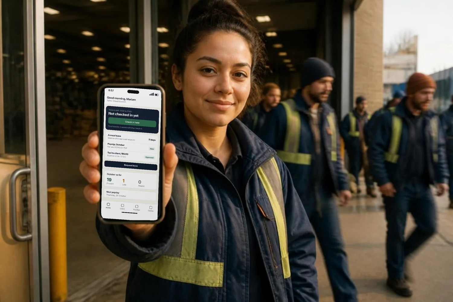 A warehouse employee checks in for her shift on the Prospera employee app