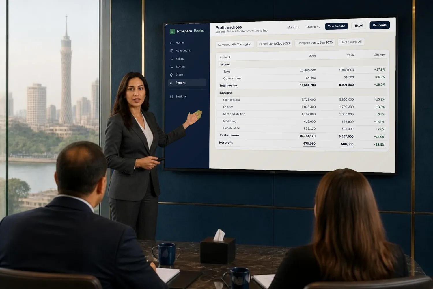 A finance director presents the quarter to her team on a large screen showing Prospera Books
