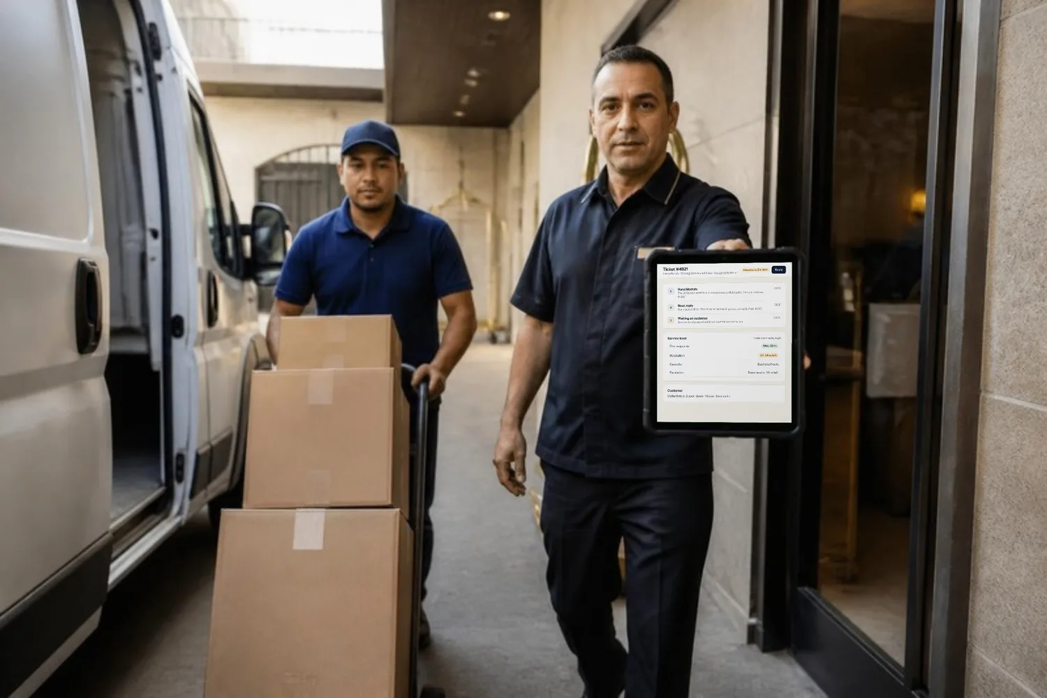 A hotel receiving clerk confirms a delivery on a tablet as the driver wheels in the boxes