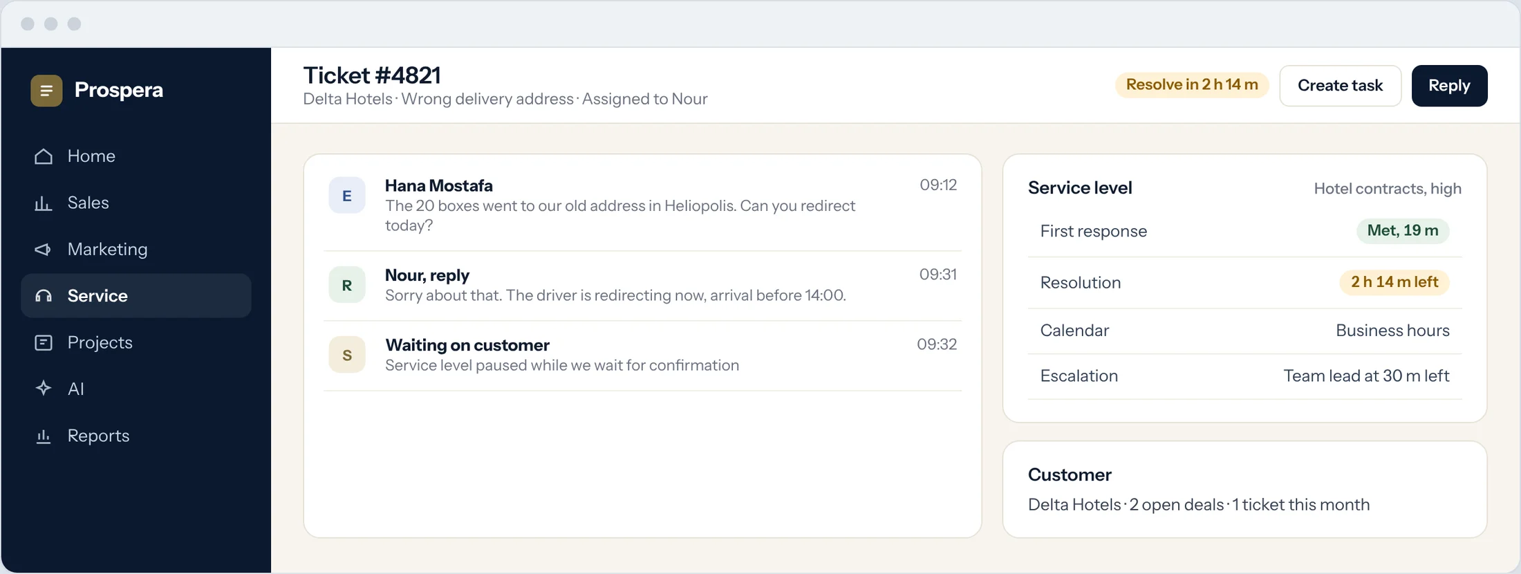 Sample: a ticket with its conversation, a met first response, the time left and the escalation rule