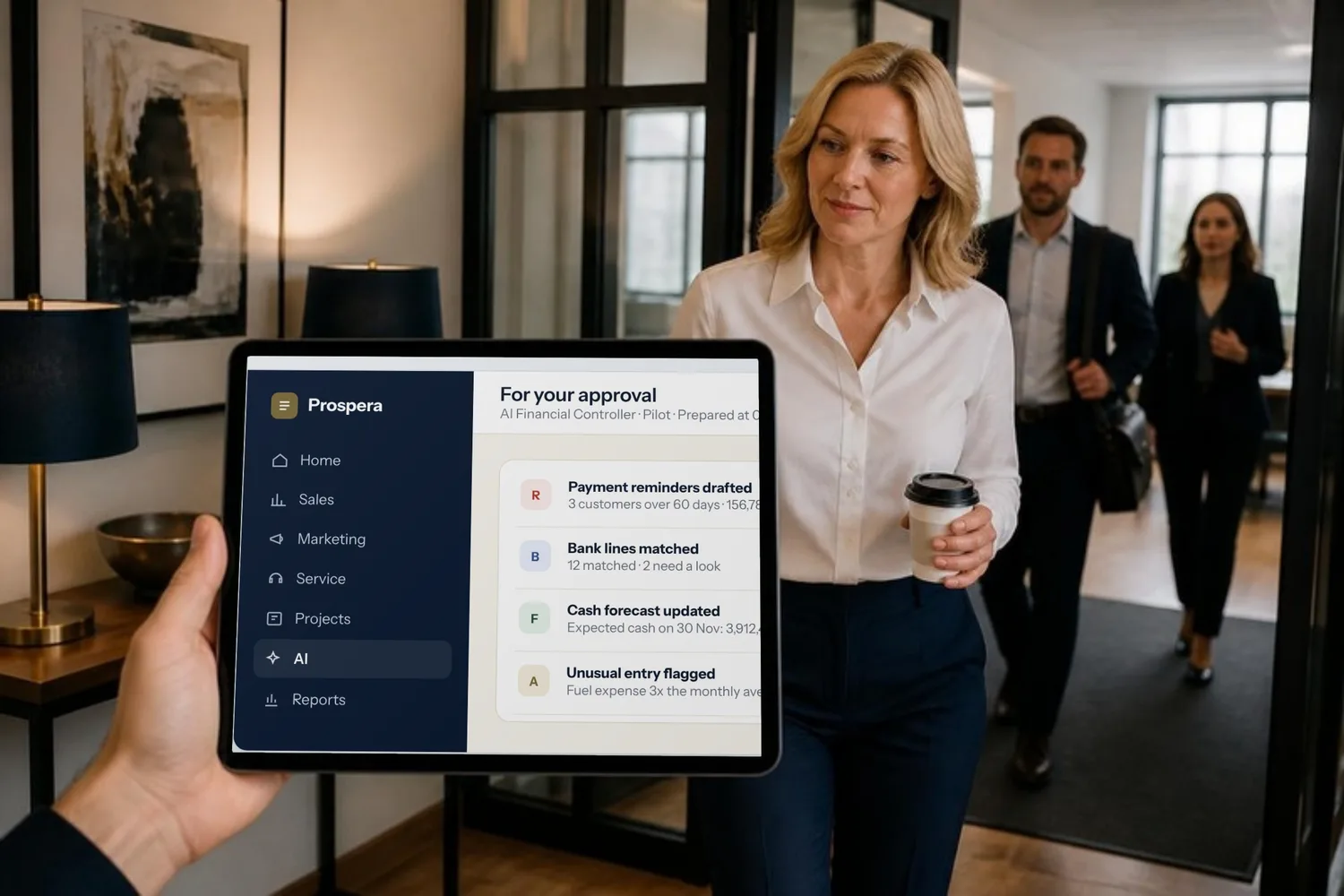 A finance director arrives to find the morning work prepared for her approval by the AI Financial Controller