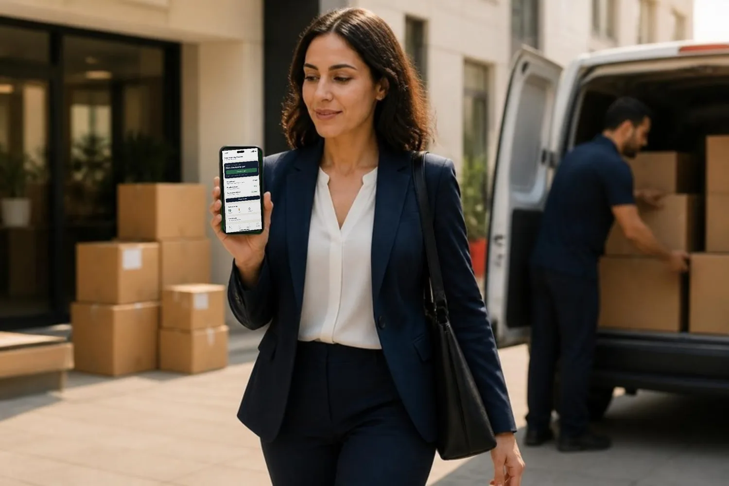 A sales manager walks to the loading bay, checking her day in Prospera on her phone