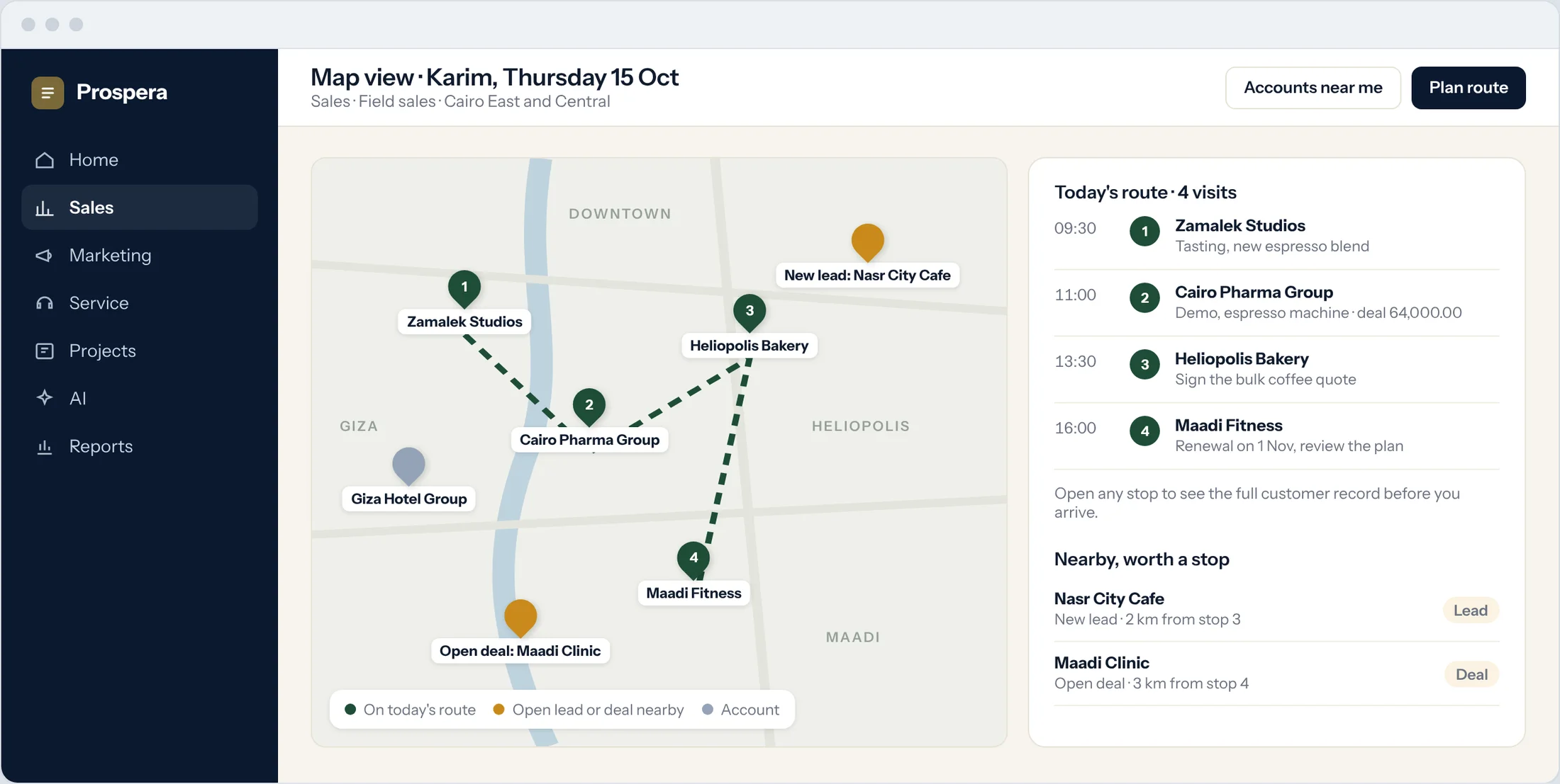 Sample: a map of Cairo with the day's four visits in order and nearby leads and deals