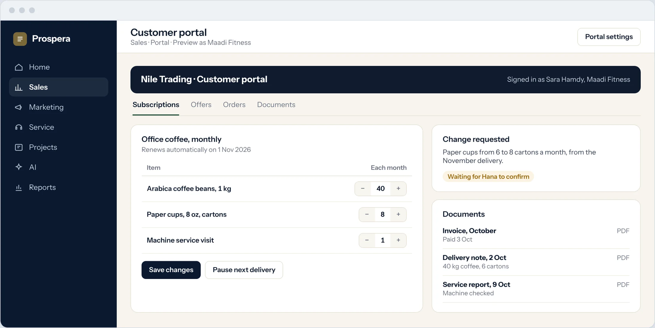 Sample: the customer portal showing a monthly coffee plan with quantities to change and documents to download