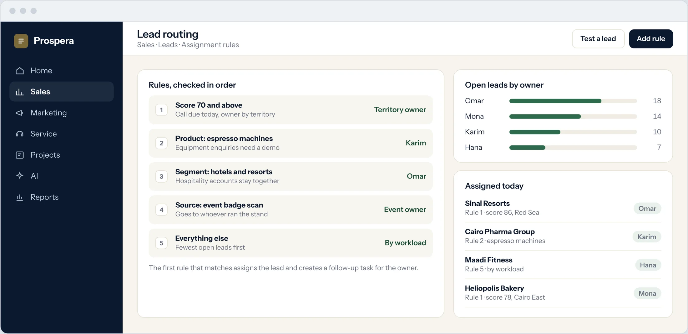 Sample: five routing rules checked in order, open leads by owner, and the leads assigned today