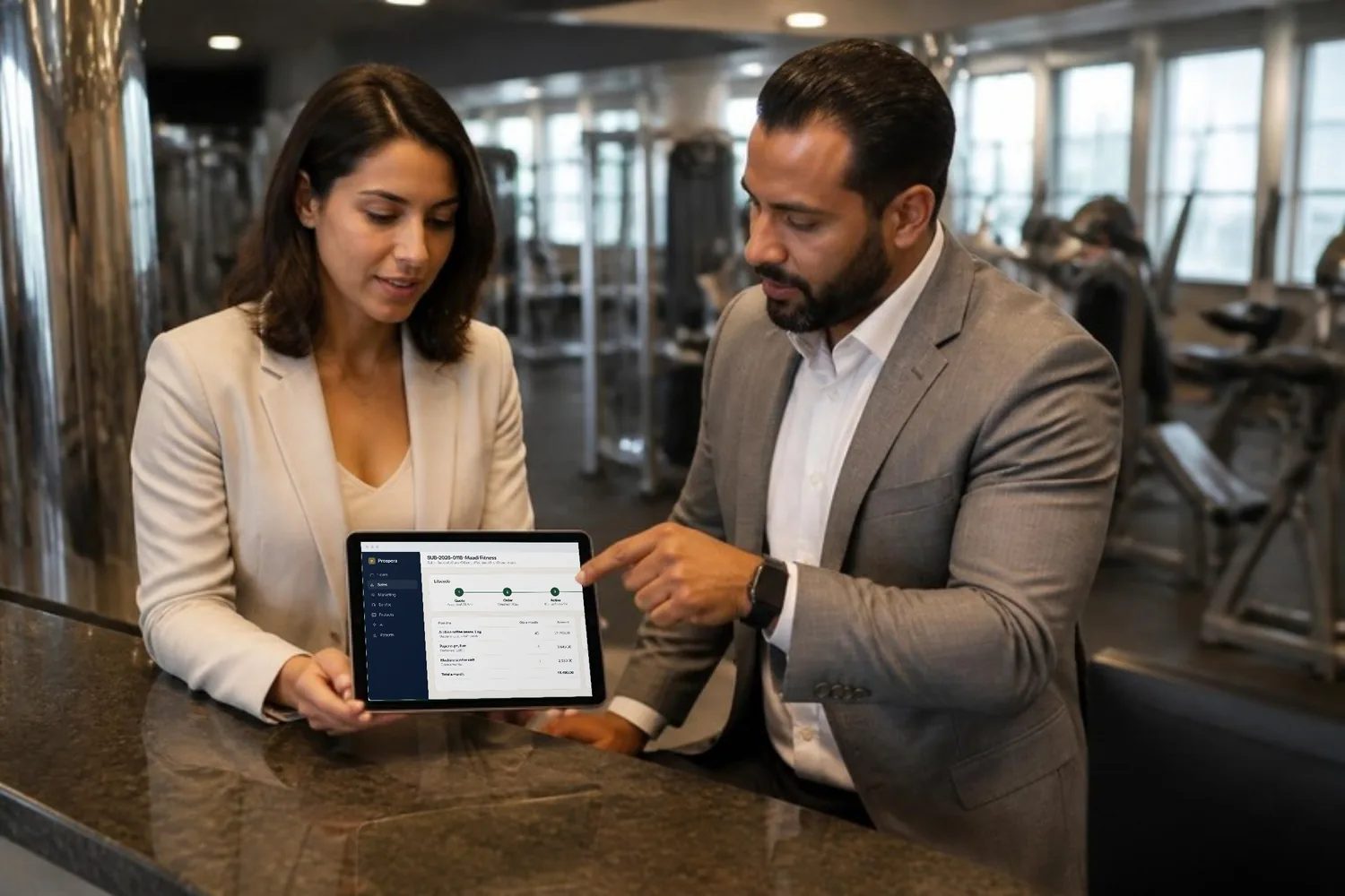 An account manager reviews a gym's monthly coffee plan with its operations manager at the front desk, the subscription open on her tablet