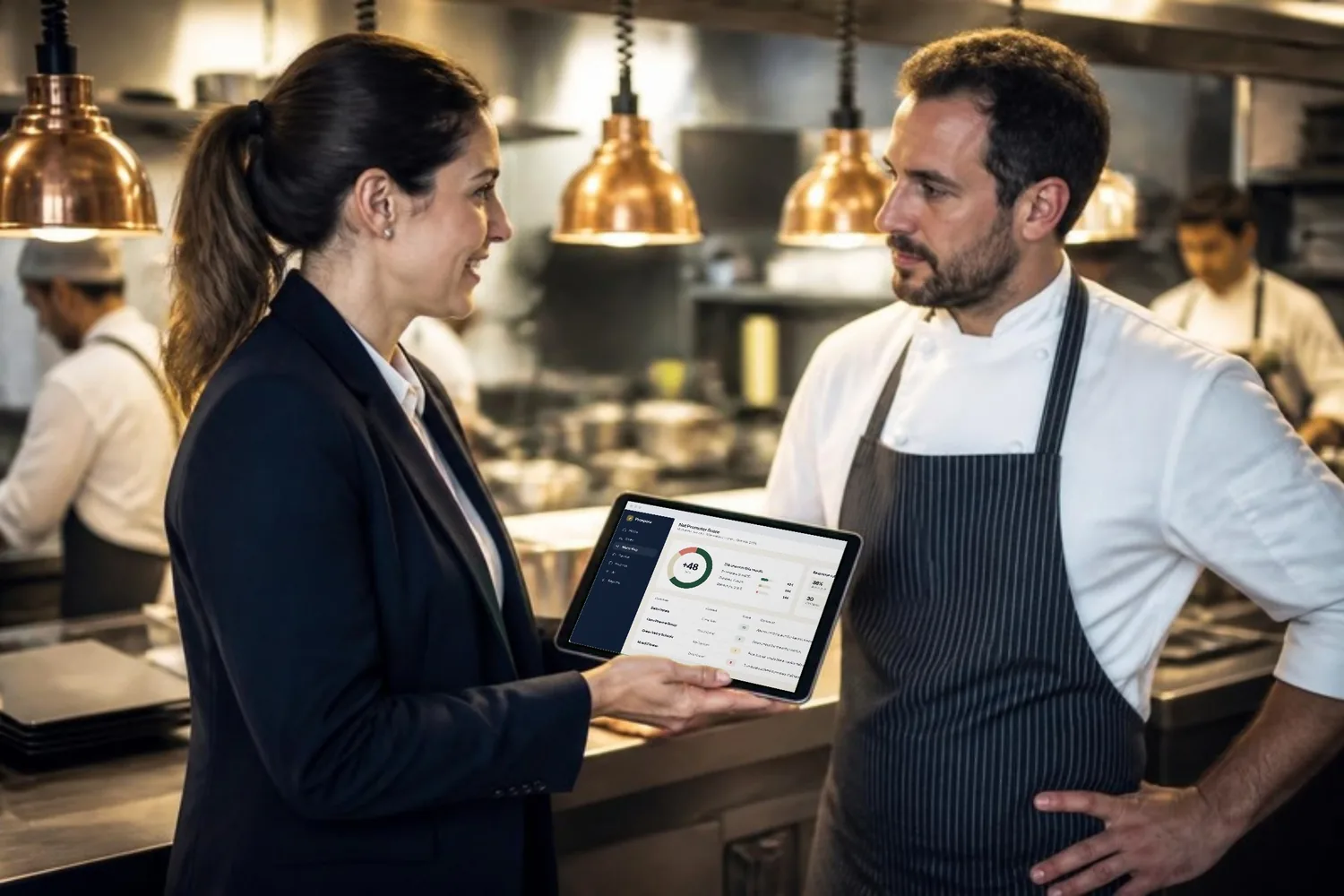 A customer manager asks a hotel head chef for feedback in a busy kitchen, the survey open on her tablet