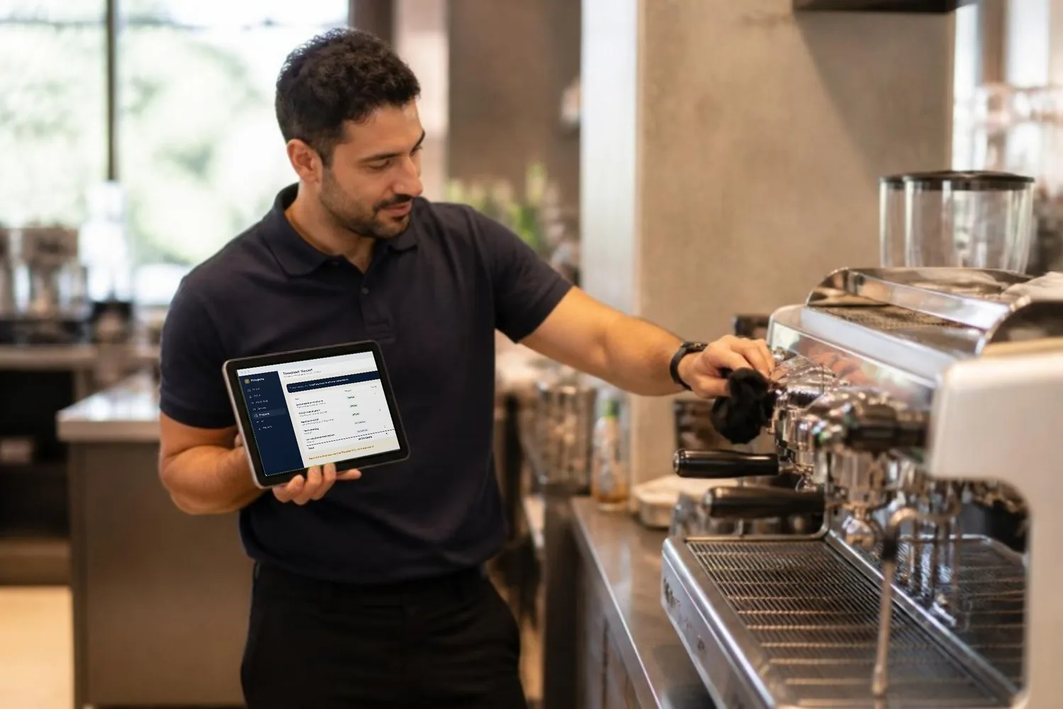 A technician finishes an espresso machine install at a gym juice bar and stops the task timer on his phone