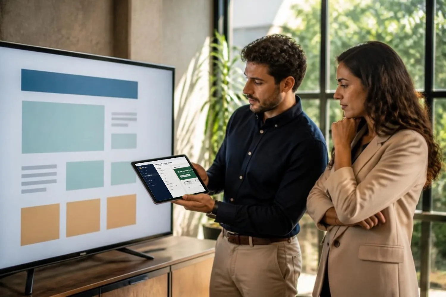 A web designer and a marketing manager review a new landing page on a large studio screen, the editor open on his tablet