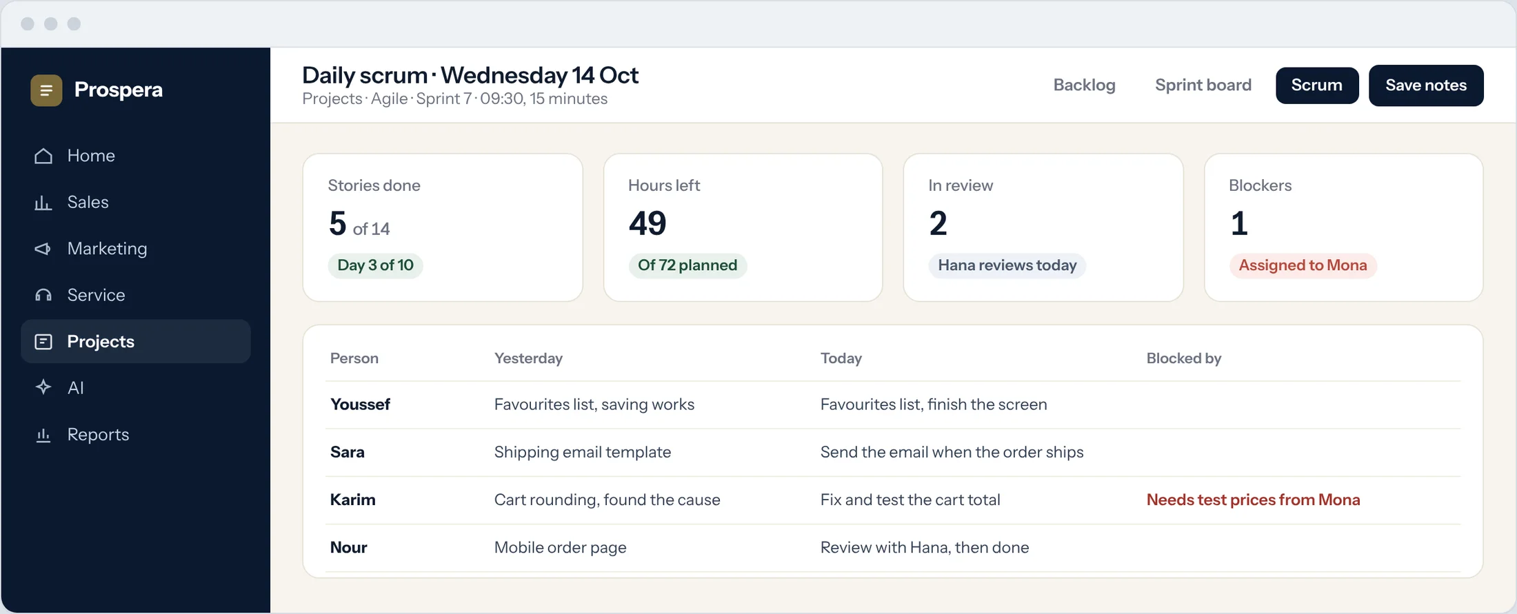 Sample: notes from a daily scrum with each person's update and one blocker