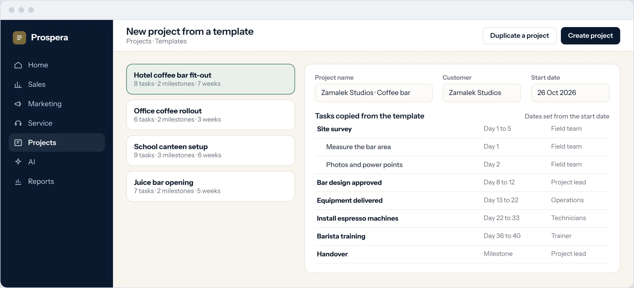 Sample: a new project created from a hotel coffee bar template, with its tasks and dates