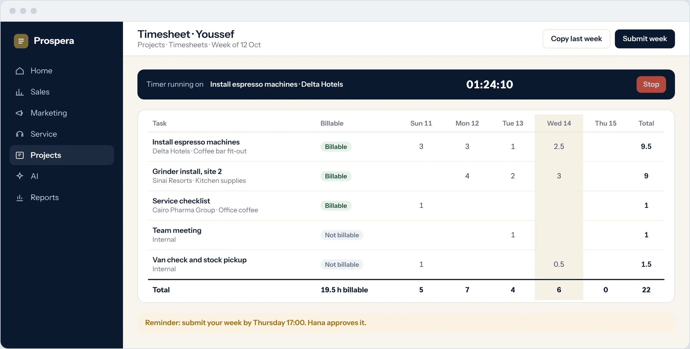 Sample: a weekly timesheet with billable and internal tasks, a running timer and a reminder