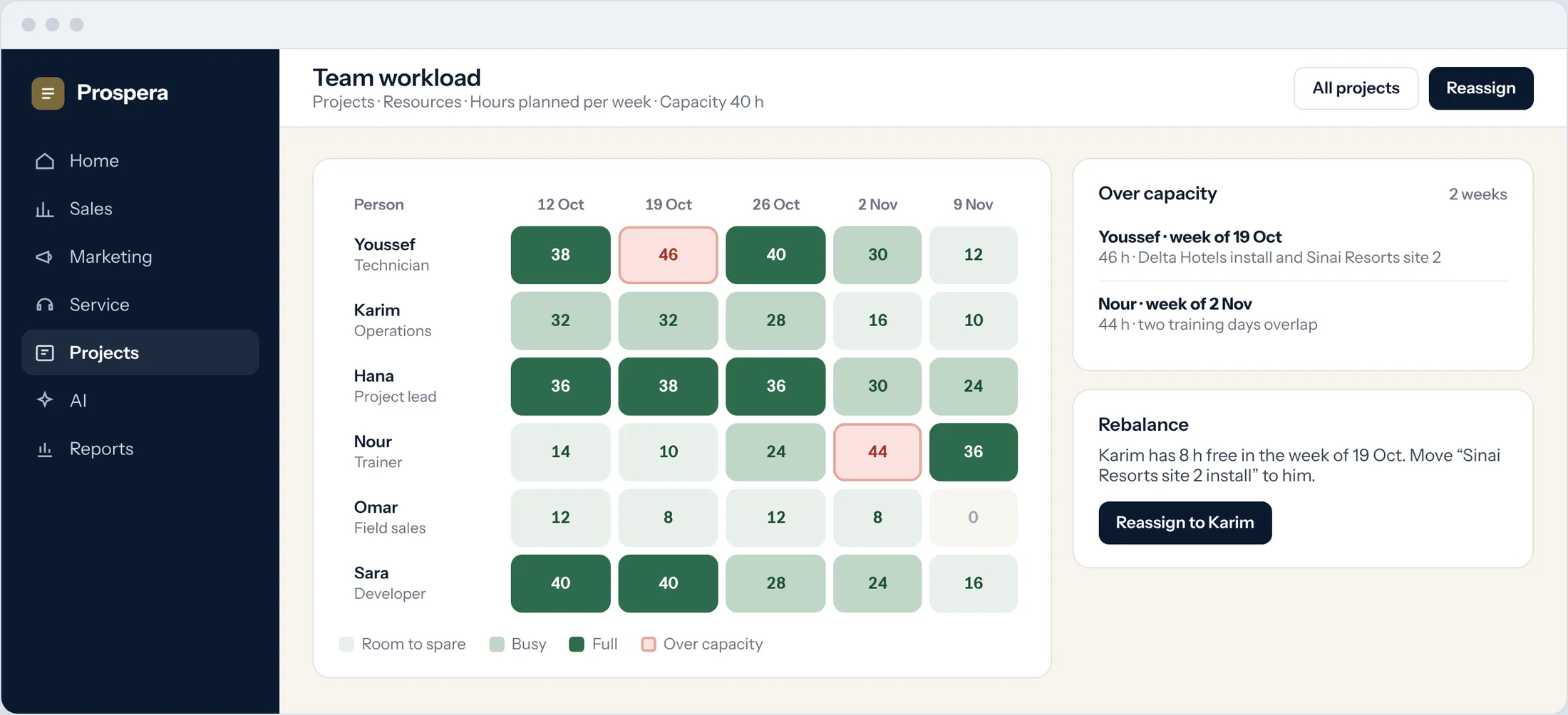 Sample: team workload by person and week with two weeks over capacity