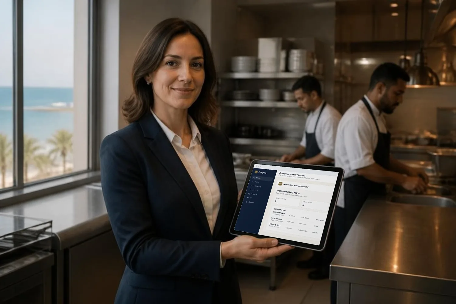 A hotel procurement manager reviews and accepts a supplier offer on her tablet in the hotel back office