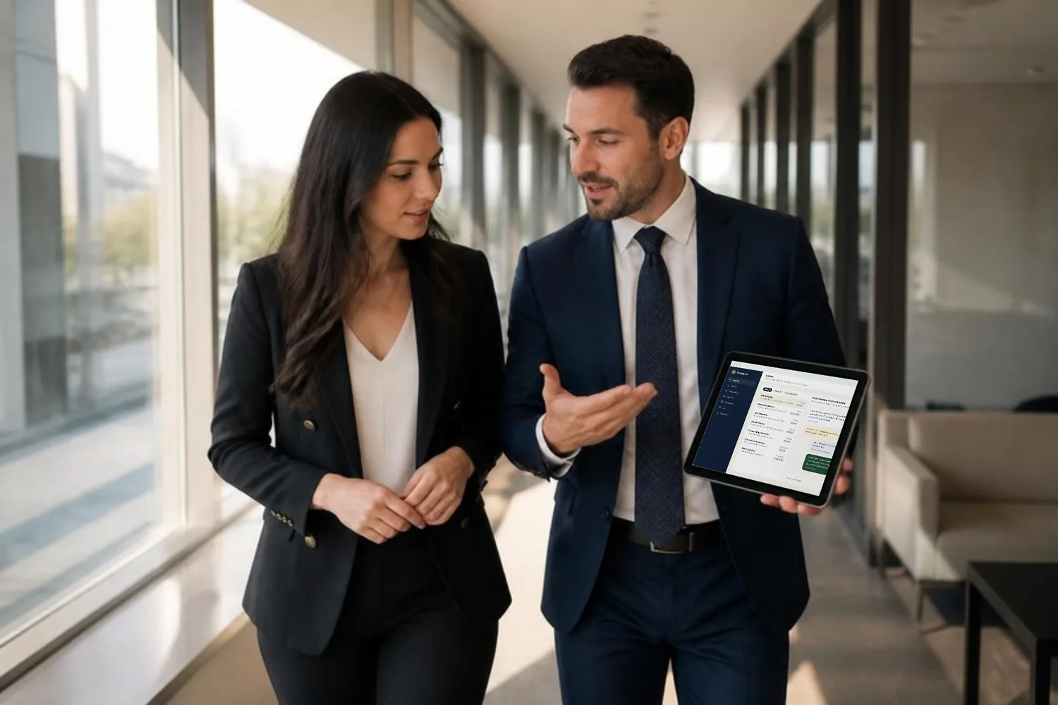 An account manager walks an office corridor with a colleague, showing her the team inbox on his tablet