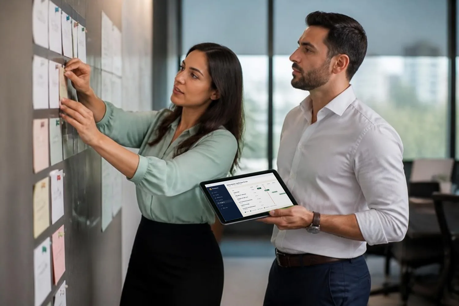 A project lead pins milestones on a planning wall while her colleague checks the plan on his tablet