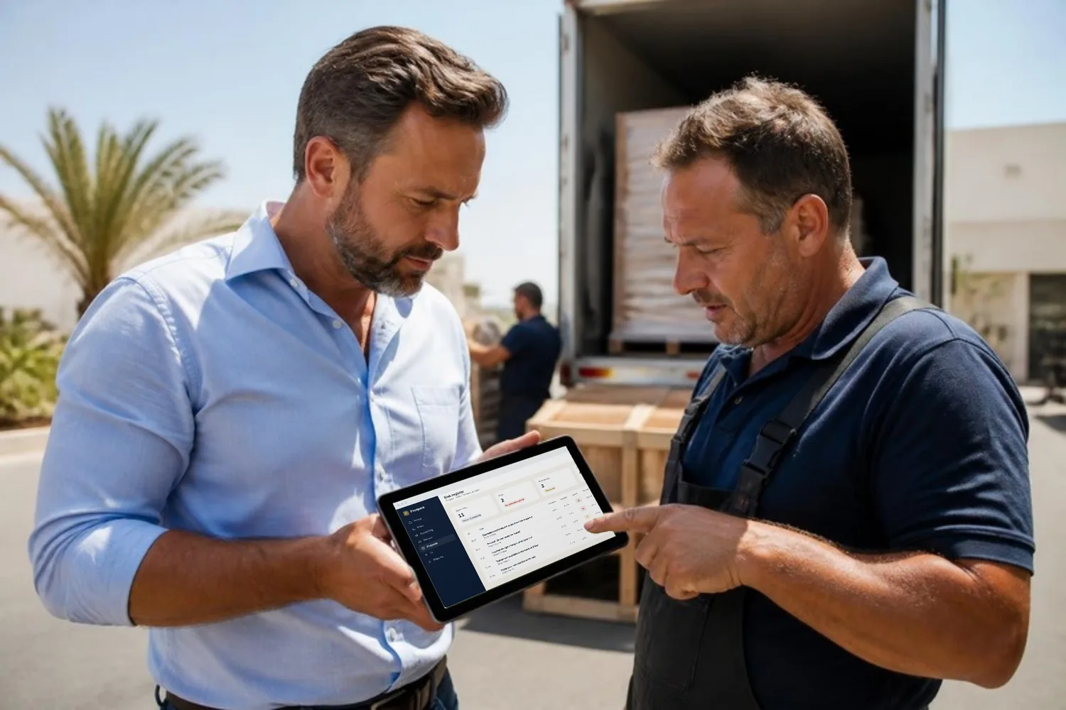 A project director and an installer review a late delivery at a hotel loading bay, the risk register on his tablet