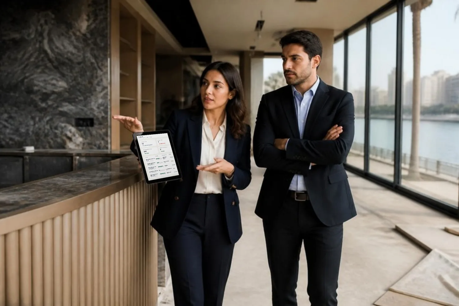 A project lead walks a hotel coffee bar site with the site supervisor, the project dashboard open on her tablet