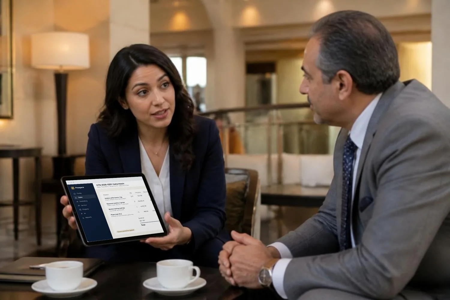 An account manager shows a hotel procurement manager the quotation on her tablet