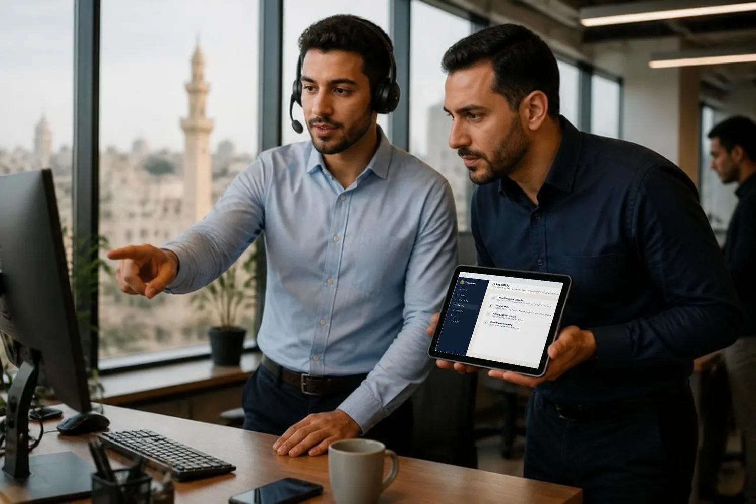 A support agent talks a customer through a remote session on a headset while a colleague reviews the session log on a tablet