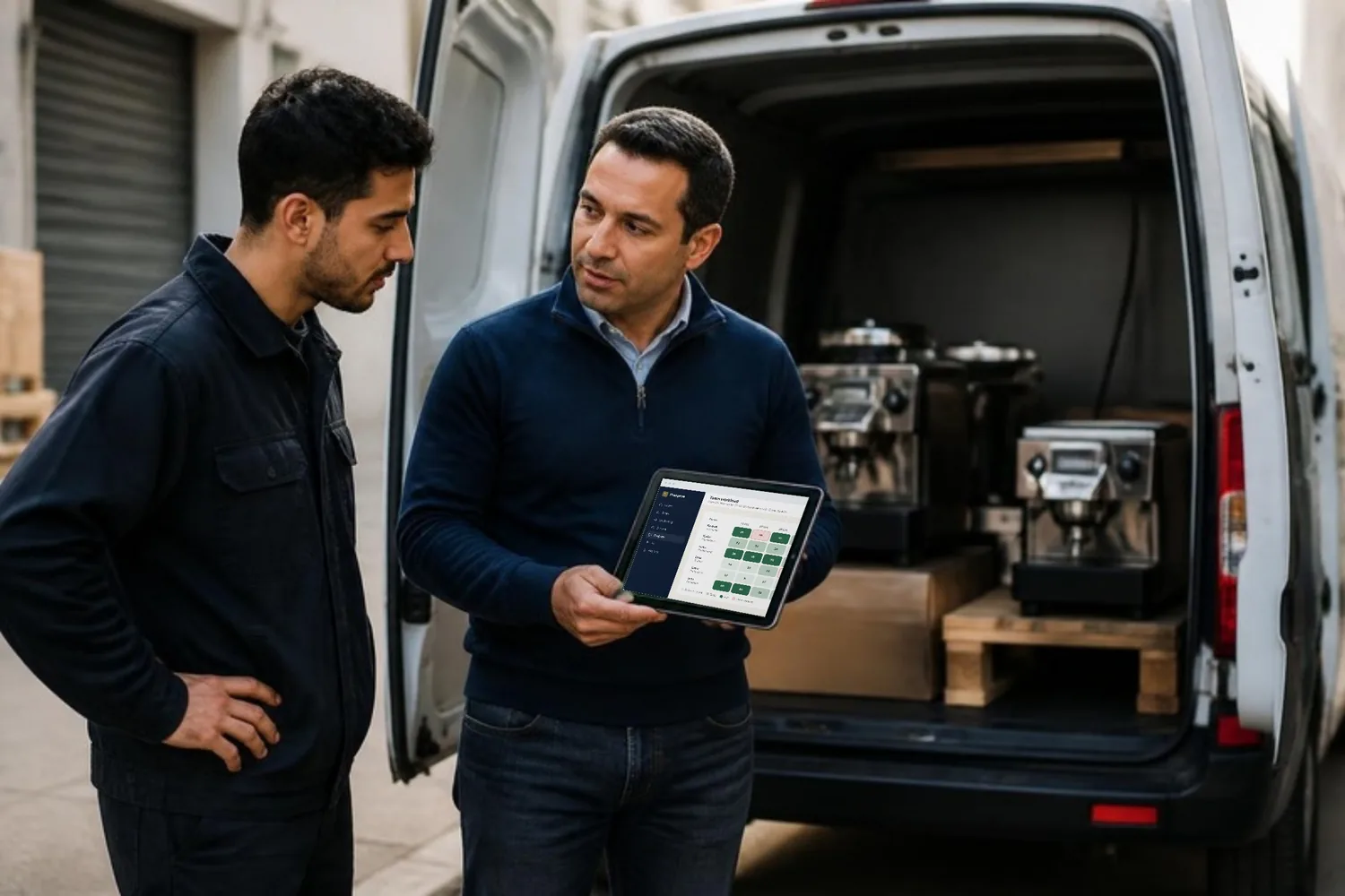 An operations manager and a technician check the week's assignments beside a service van being loaded