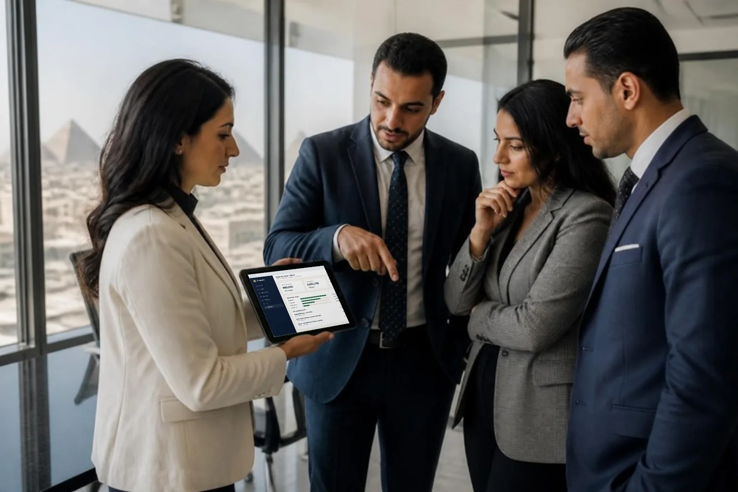 A sales director and her team stand around a meeting table reviewing the quarter on her tablet
