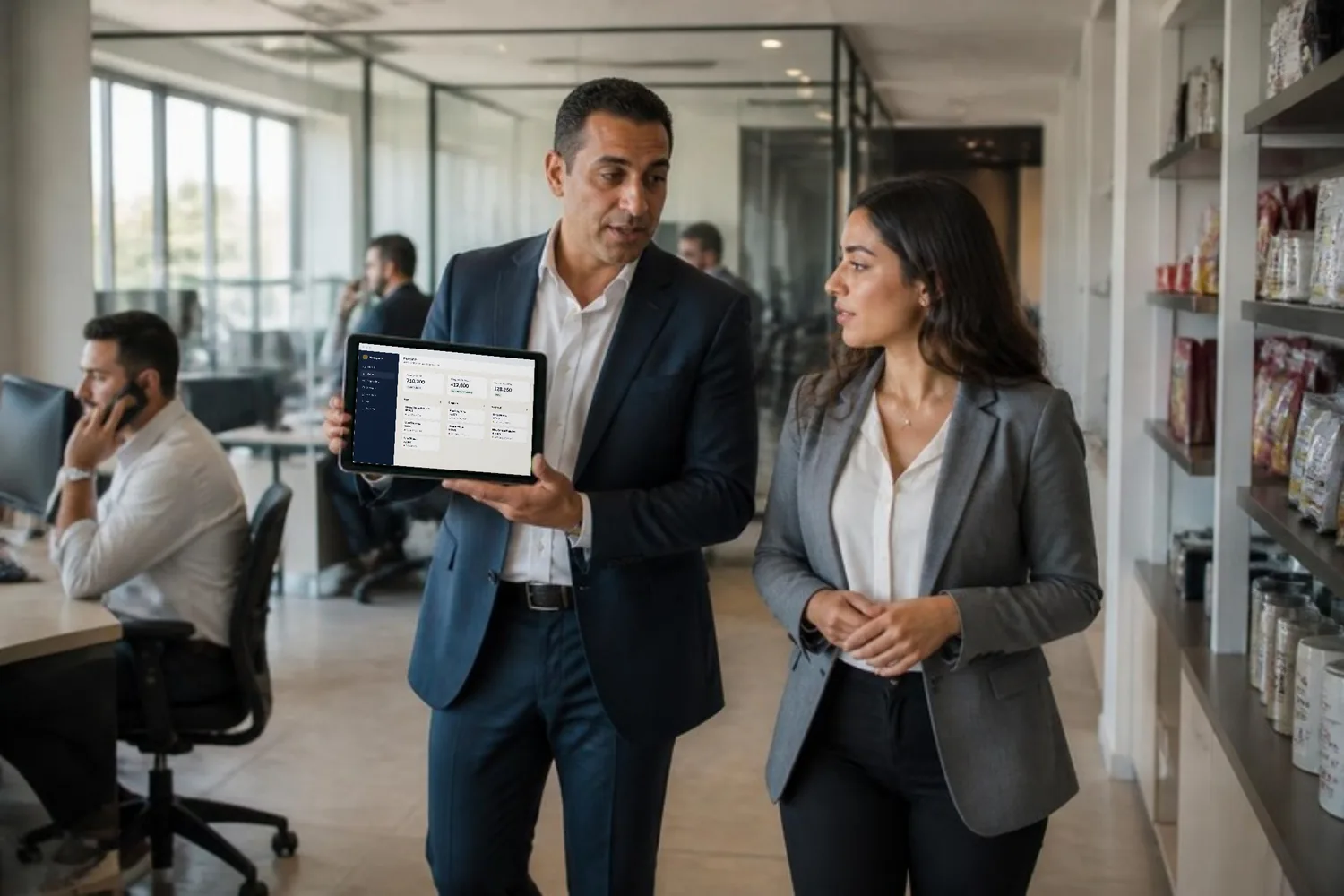 A sales director walks through the sales office with his account manager, the pipeline open on his tablet