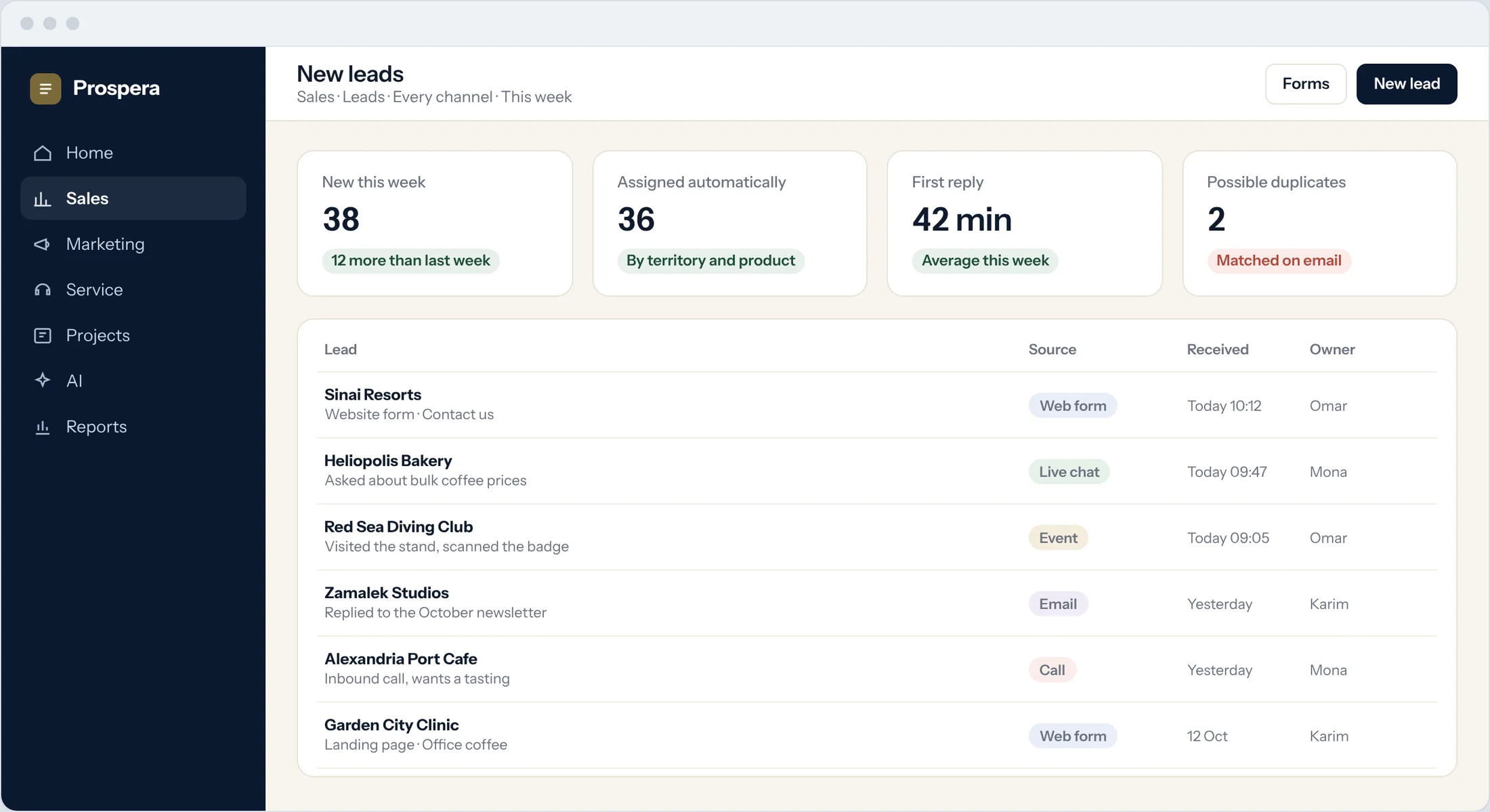 Sample: new leads this week from web forms, live chat, an event, email and a call, each with its owner
