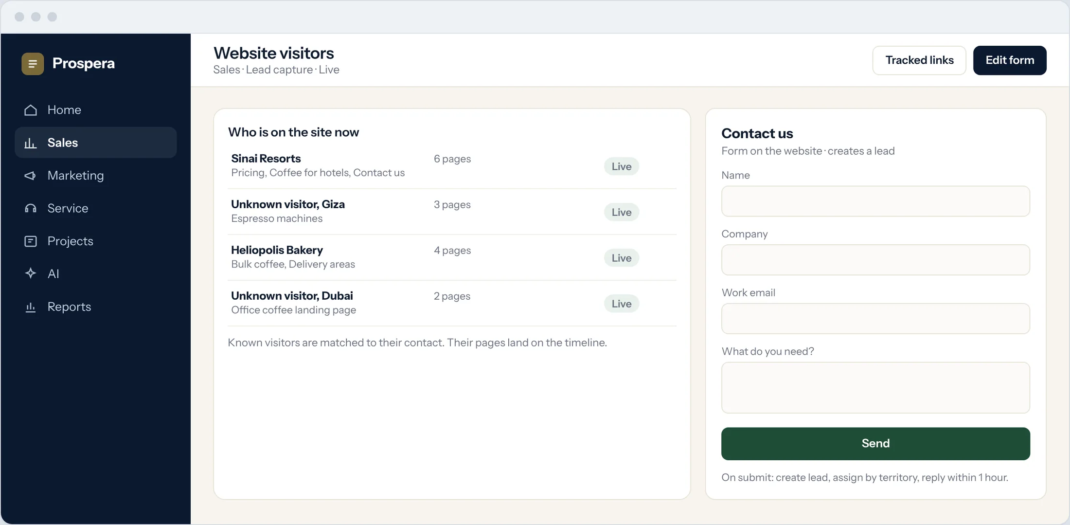 Sample: visitors on the website now, with the pages they read, next to the contact form