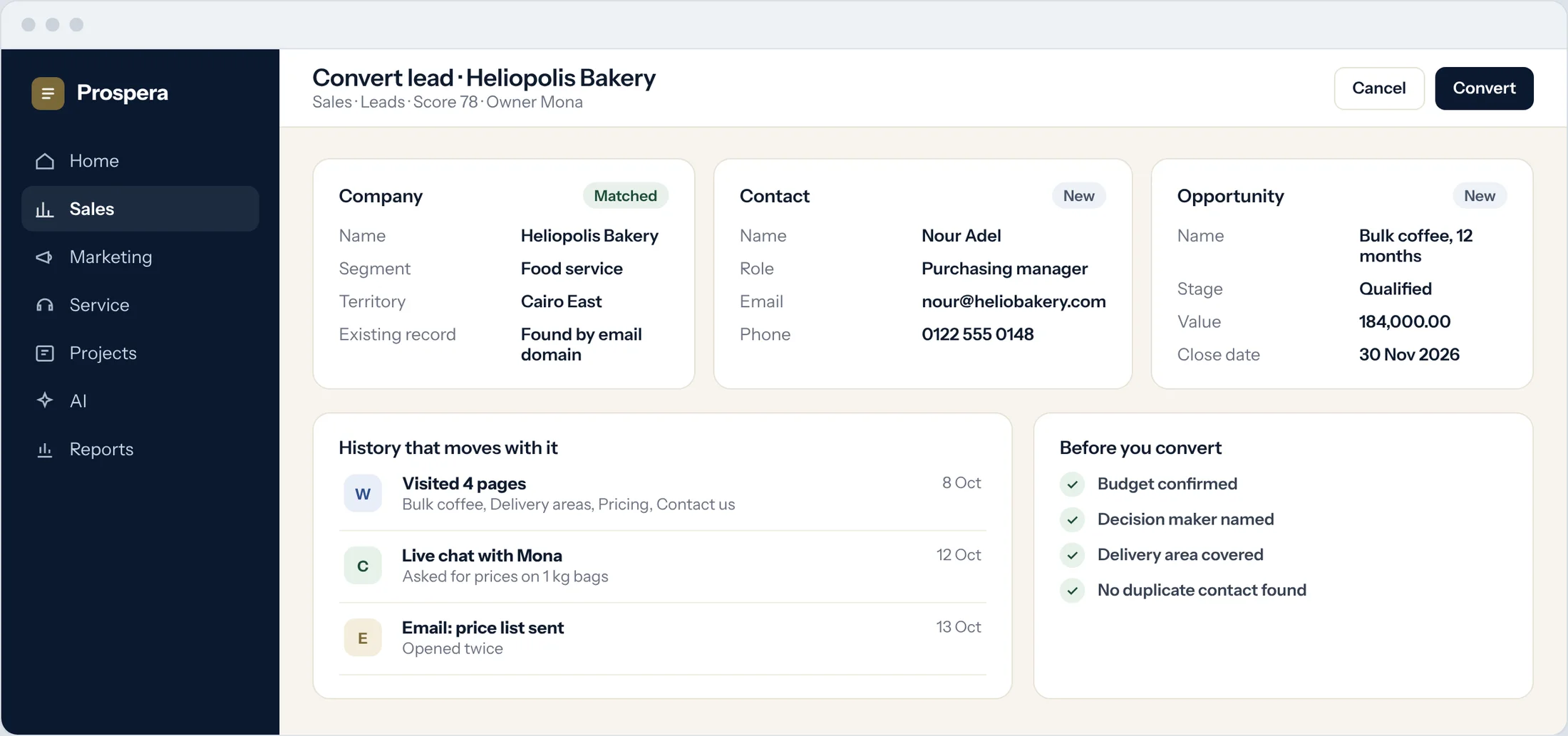 Sample: converting a lead into a matched company, a new contact and an opportunity, with its history