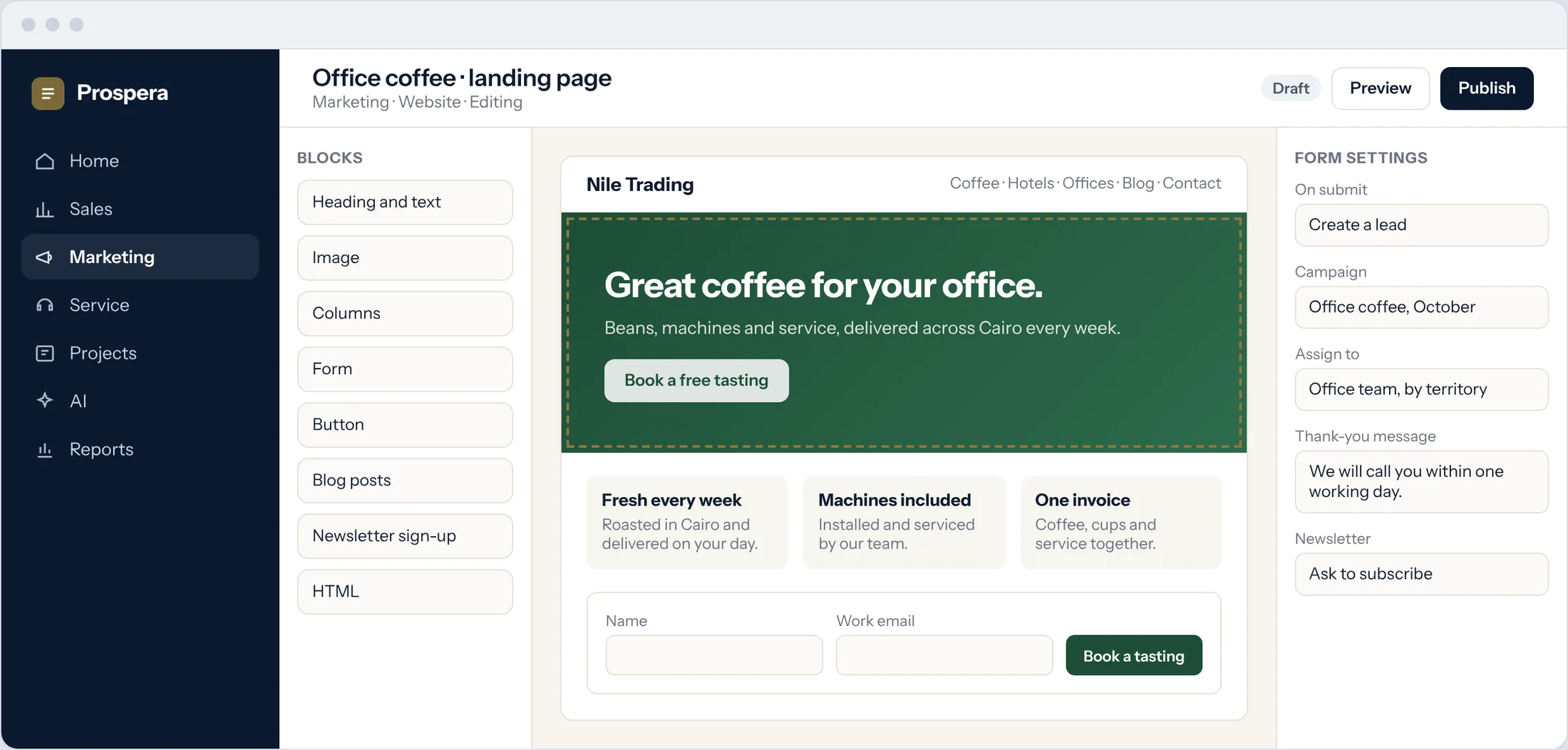 Sample: a landing page in the drag-and-drop editor with a form set to create a lead