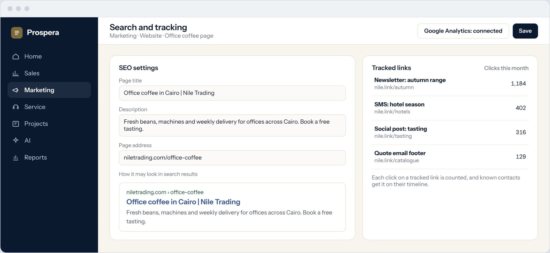 Sample: SEO settings for a landing page with a search preview and tracked links with clicks