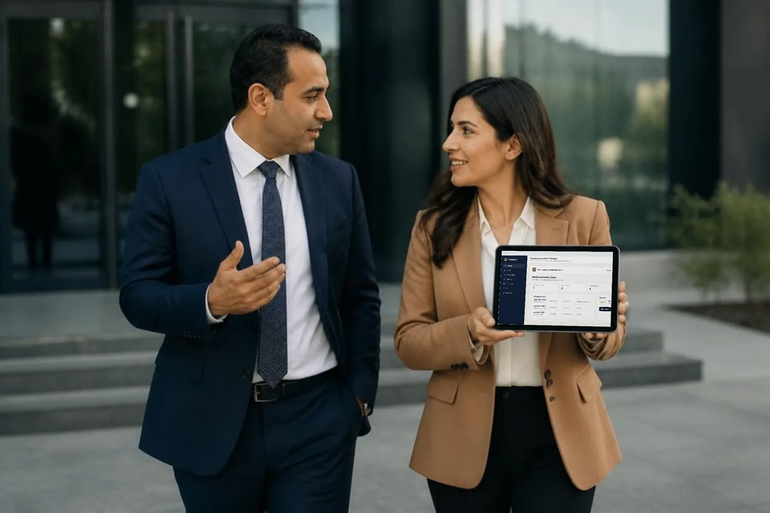 Two partners walk out of a client meeting, the proposal open on a tablet