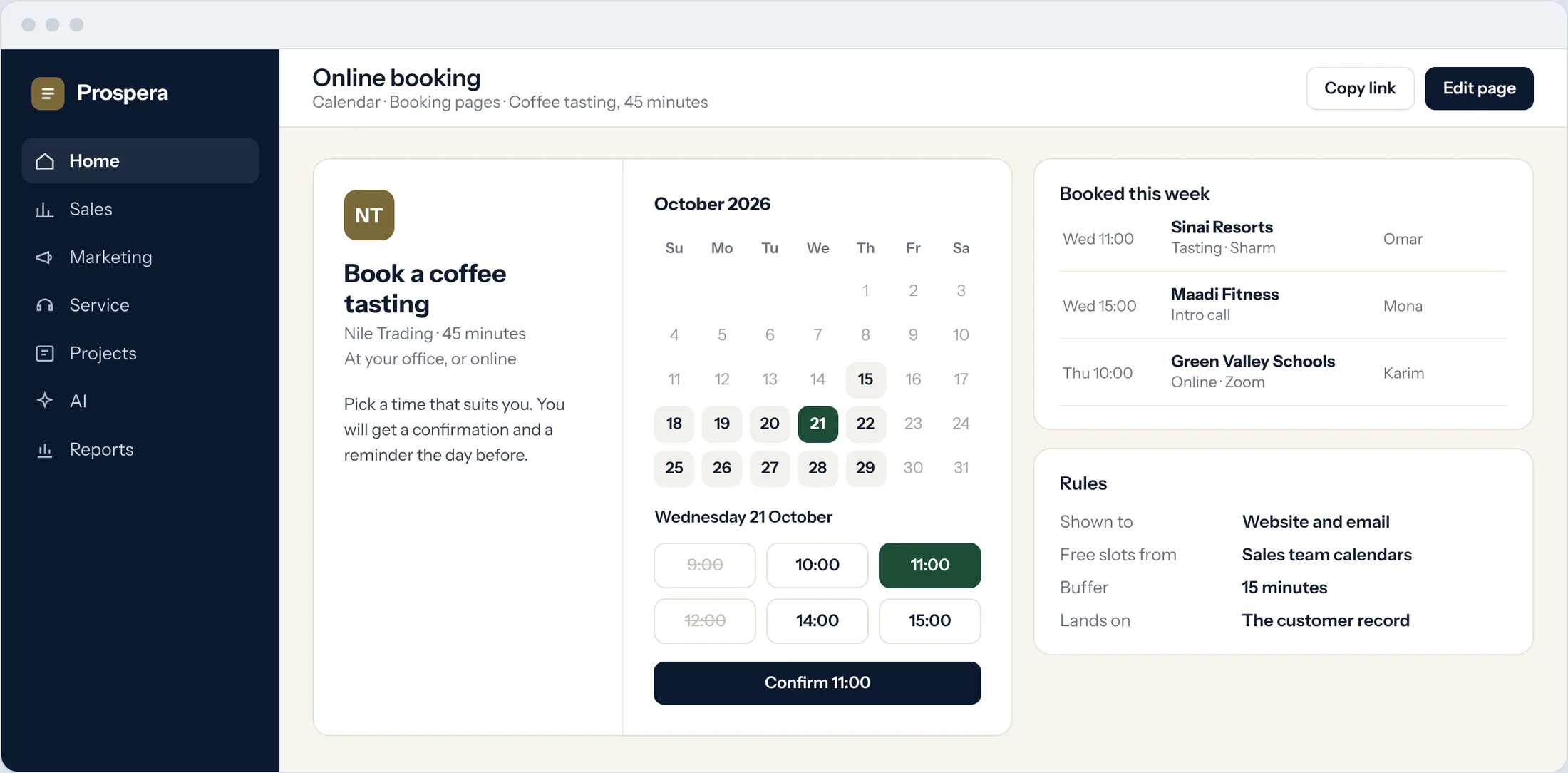 Sample: a public booking page for a coffee tasting next to the week's bookings