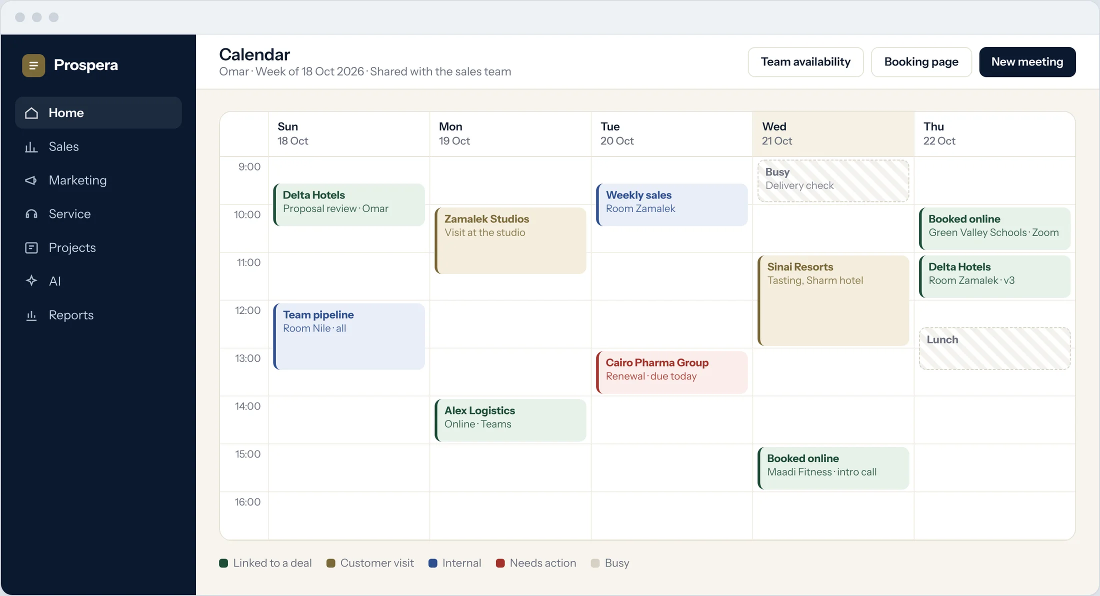 Sample: a shared week calendar with customer visits, internal meetings and online bookings