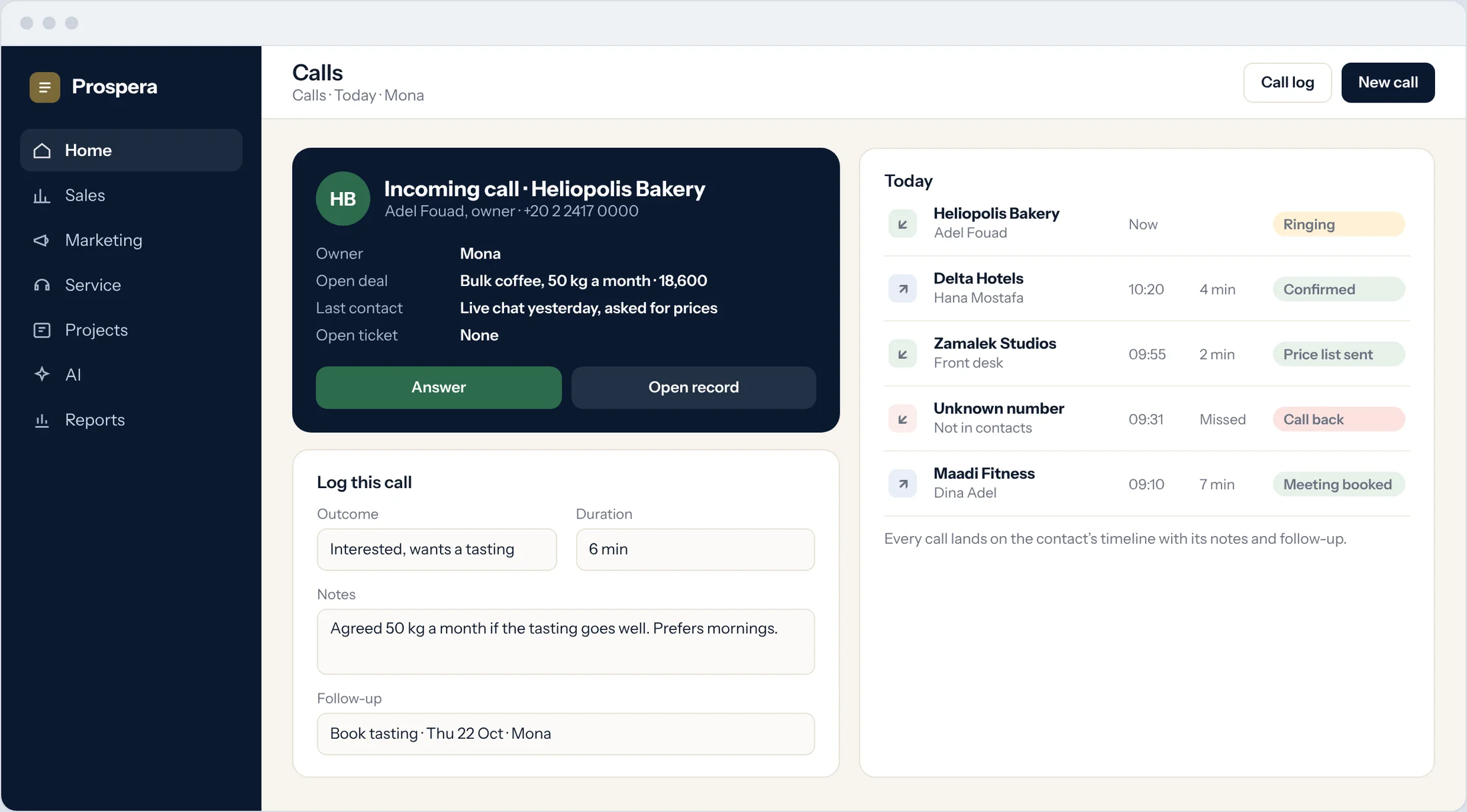 Sample: an incoming call with the customer's deal and last contact, and the call being logged