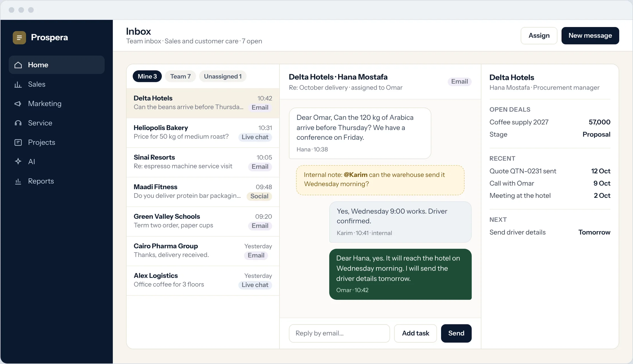 Sample: a shared inbox with an email open, an internal note to the warehouse and the reply to the customer