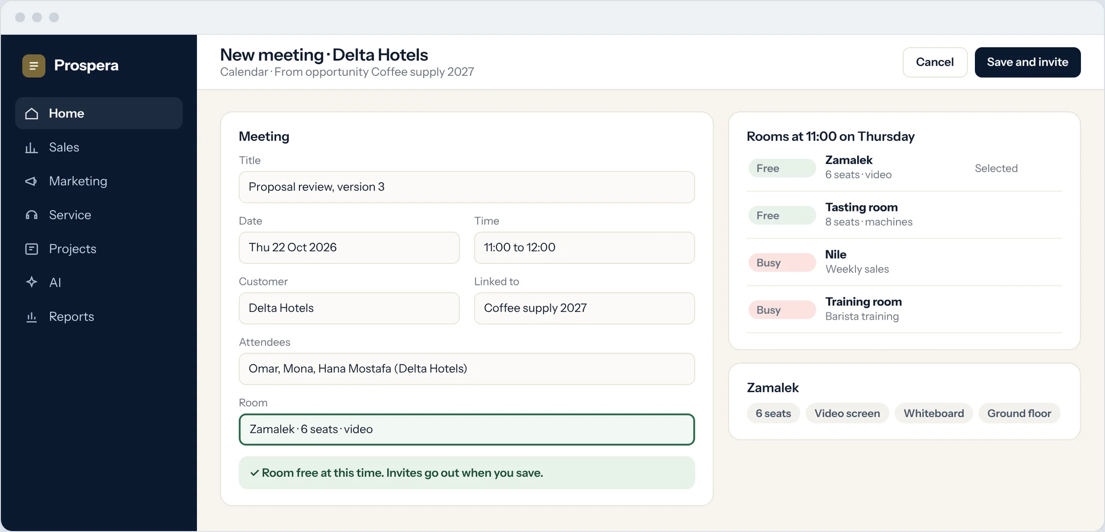 Sample: a new meeting created from an opportunity, with attendees and a free room selected