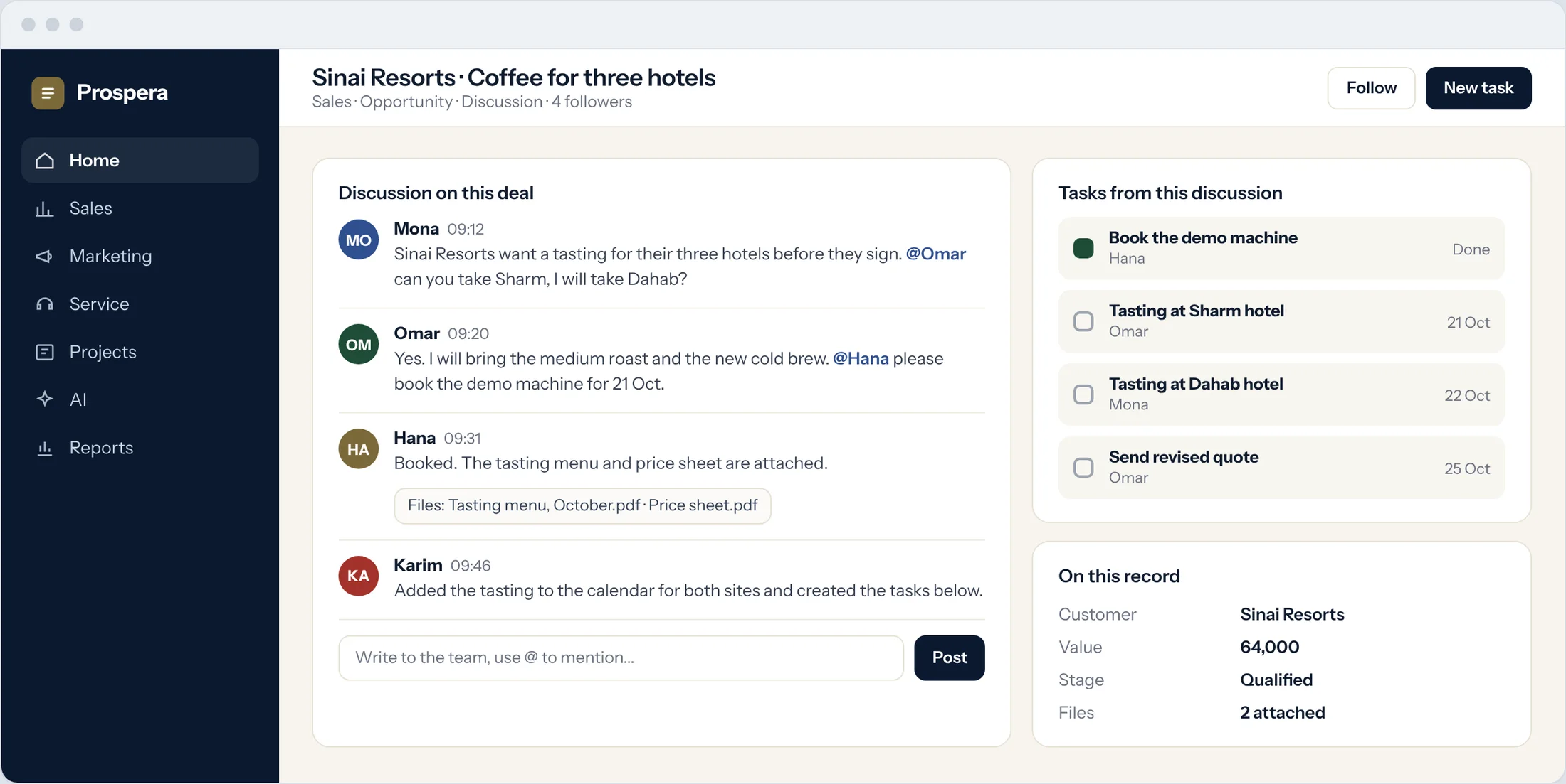 Sample: a discussion on an opportunity with mentions, attached files and the tasks it created
