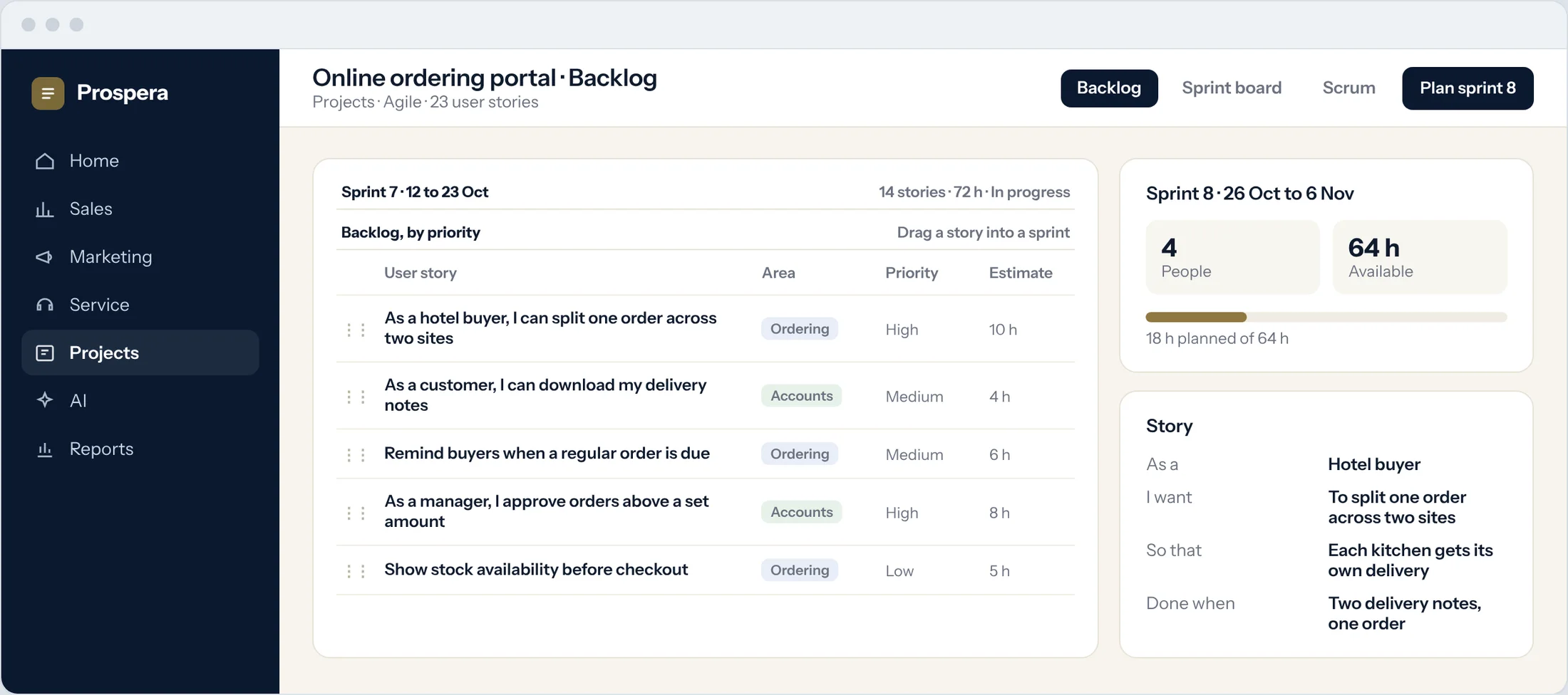 Sample: a backlog of user stories by priority next to the plan for the next sprint