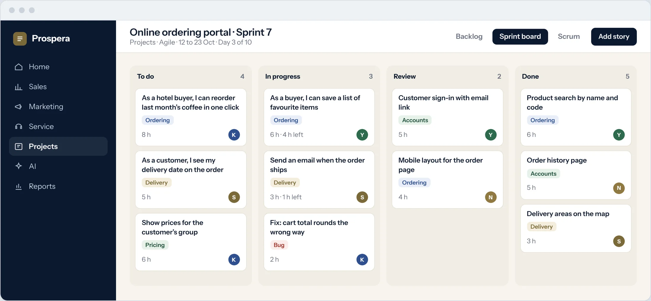 Sample: a sprint board with user stories in to do, in progress, review and done