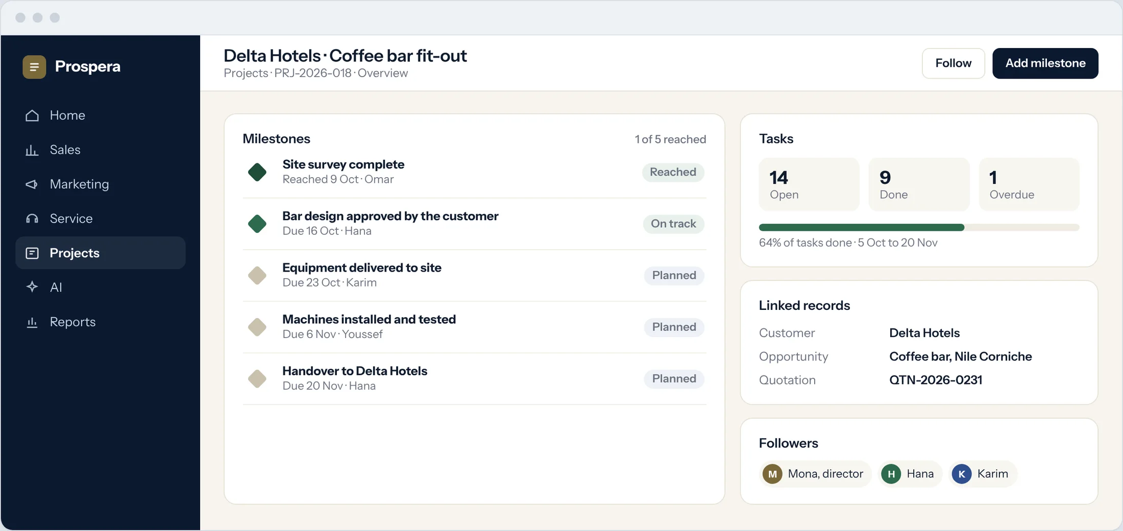 Sample: a project overview with five milestones, task counts, linked records and followers