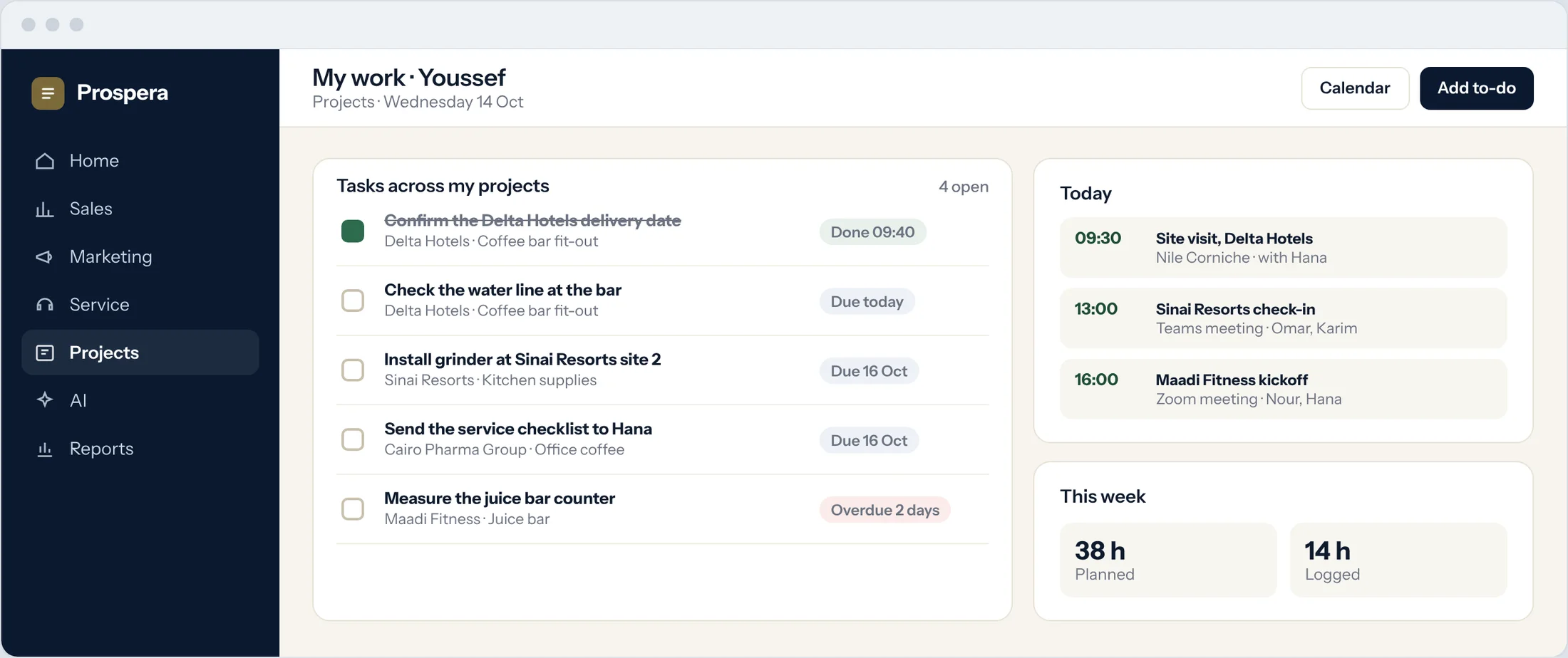 Sample: one technician's tasks across projects with today's meetings and hours for the week