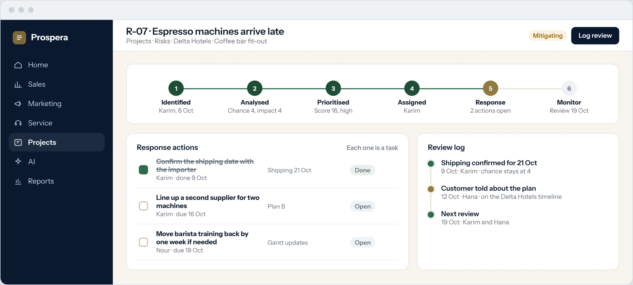 Sample: one risk from identified to monitored, with its response tasks and review log